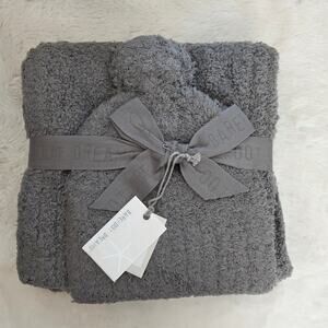 Barefoot Dreams CozyChic Pom Pom Beanie & Oversized Scarf Set Charcoal Gray NWT